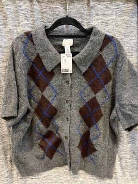 H&M Gray Sweater Cardigan with Brown and Blue Argyle